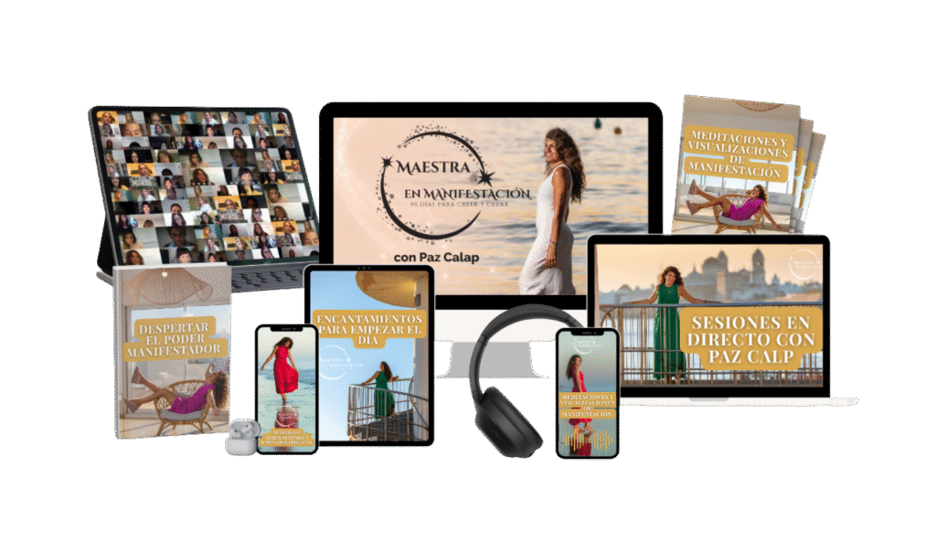 Mockup completo del programa Maestra en Manifestación mostrando iPad, móvil, iPhone, auriculares y temarios